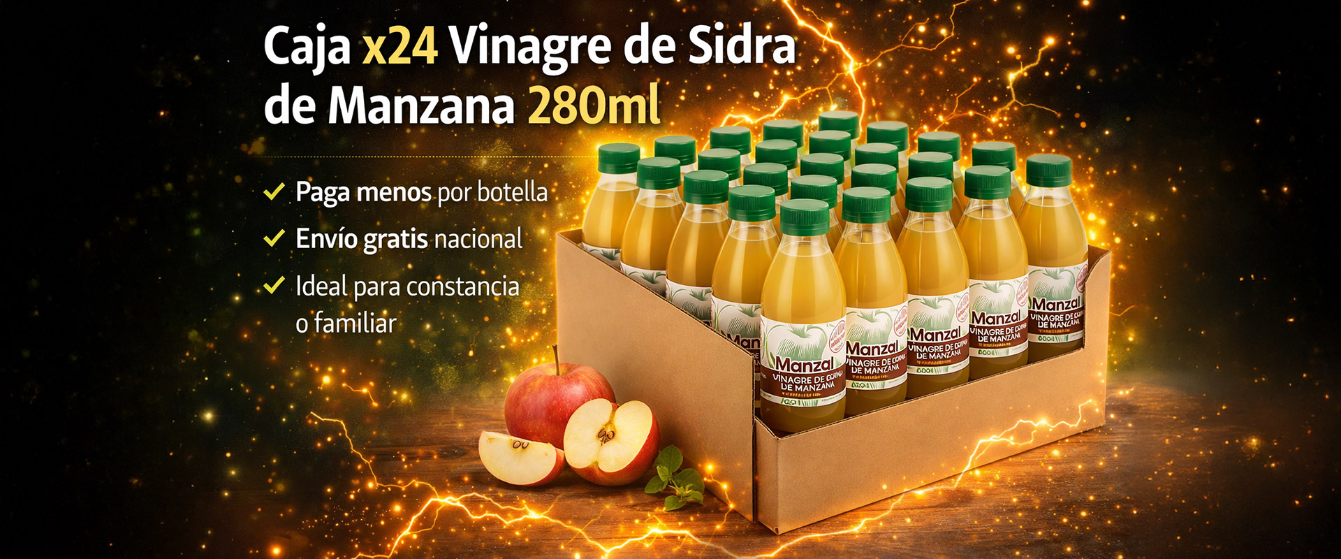 Caja de 24 botellas de vinagre de sidra de manzana Manzal de 280 ml, 100% natural y con la madre