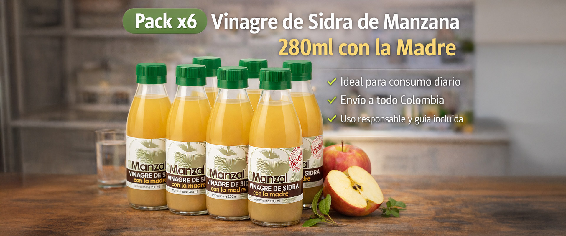 Pack-x6-Vinagre-de-Sidra-de-Manzana-280ml-Manzal Caja de 24 botellas de vinagre de sidra de manzana Manzal de 280 ml, 100% natural y con la madre