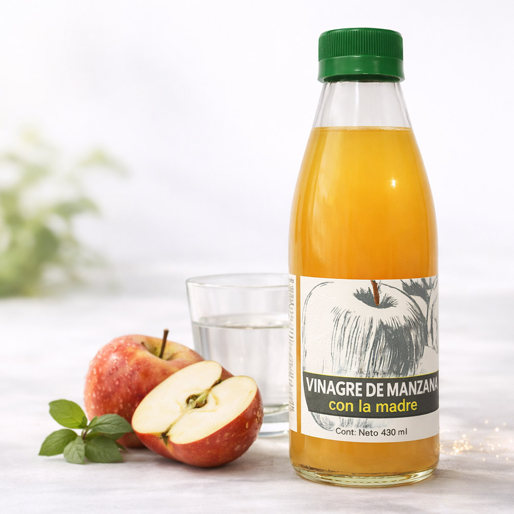 Botella de vinagre de sidra de manzana Manzal con la madre